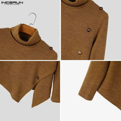Men's turtleneck sweater, long sleeve, asymmetrical hem, buttons, rib knit, beige
