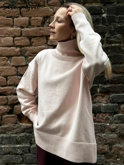Women's oversized turtleneck knitted sweater long sleeves