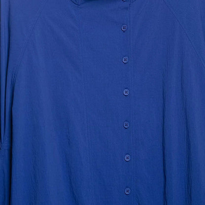 Blue women's blouse with stand-up collar and drawstring hem