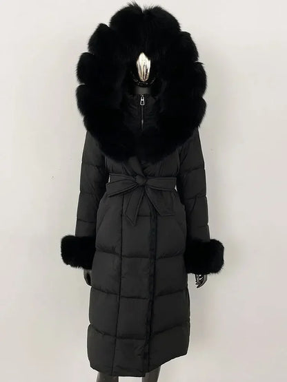 Women's quilted winter down coat with faux fur trim and belt