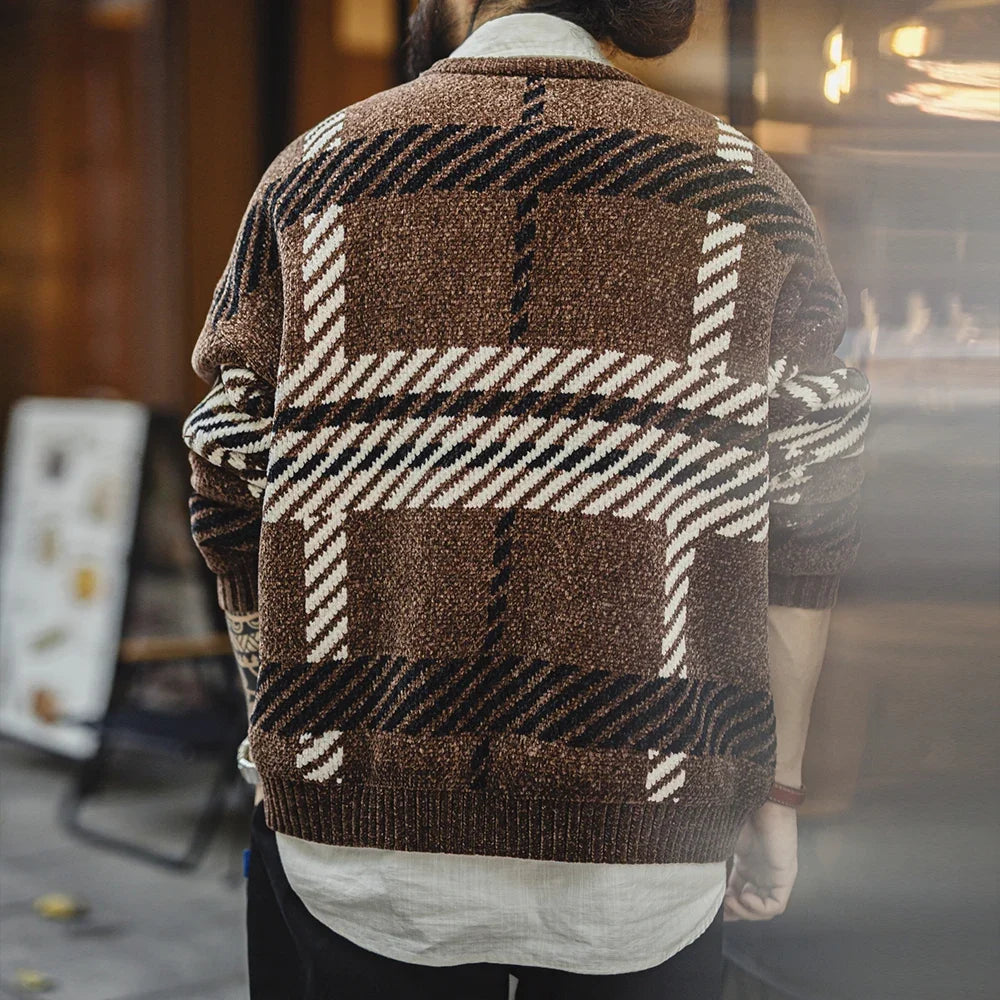 Herren Strickpullover Rundhals Plaid Muster Braun-Schwarz