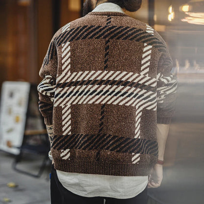 Herren Strickpullover Rundhals Plaid Muster Braun-Schwarz