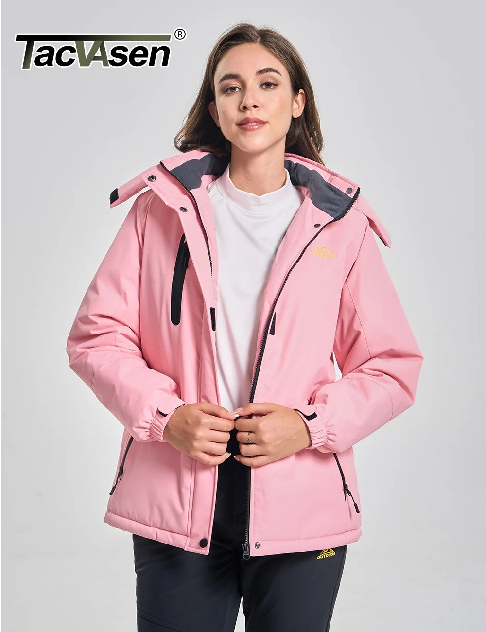 Women's winter outdoor jacket with hood and zippered pockets