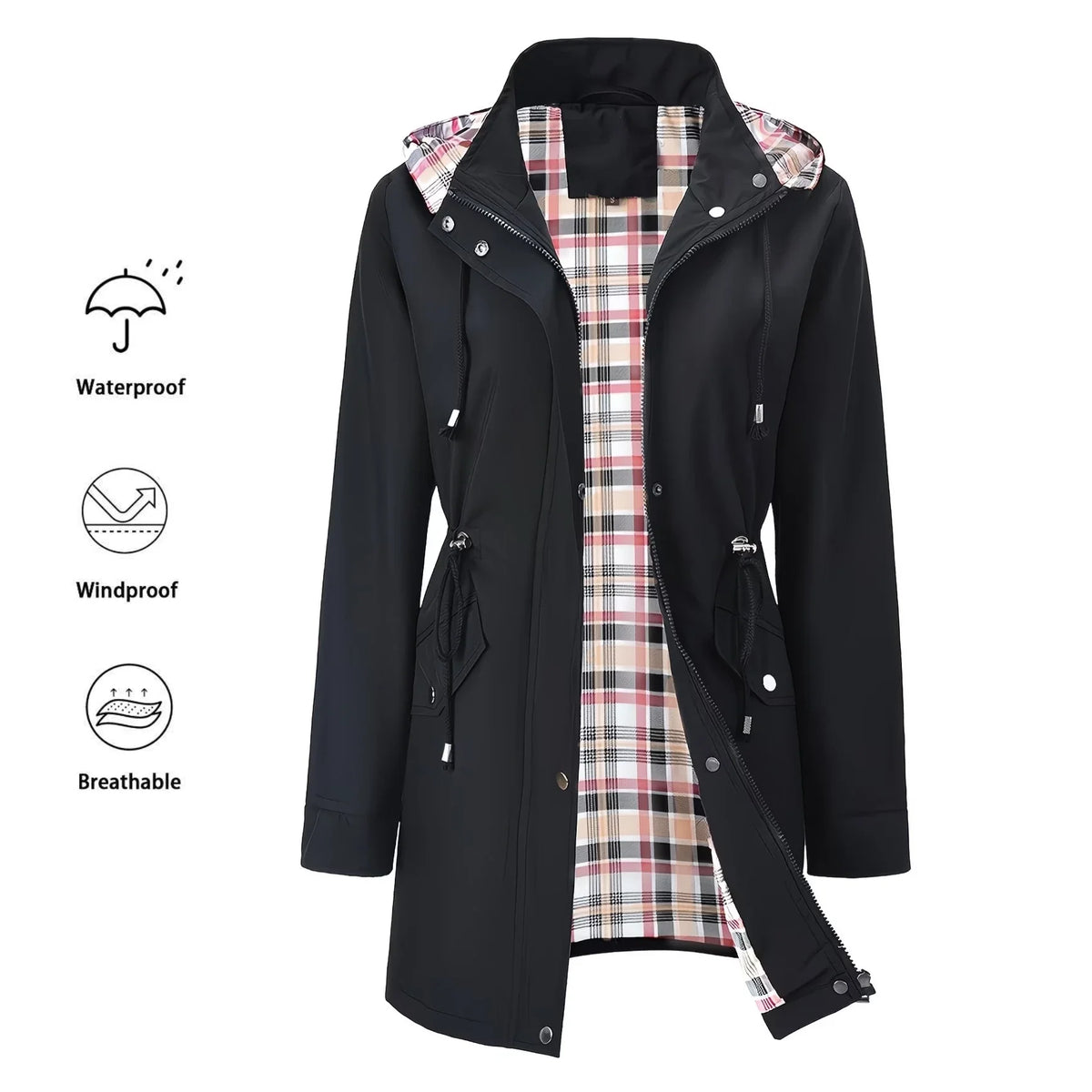 Black women's rain jacket with checked pattern, lined, windproof, breathable