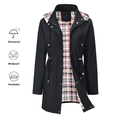 Black women's rain jacket with checked pattern, lined, windproof, breathable