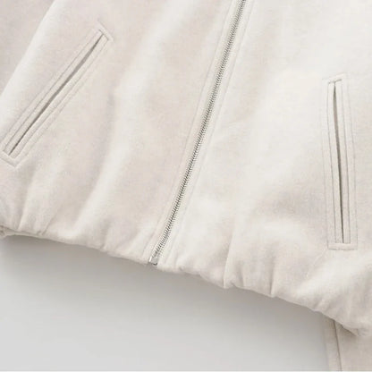Damen Bomberjacke kurz Rundhals Grau Beige mit Reißverschluss und Seitentaschen