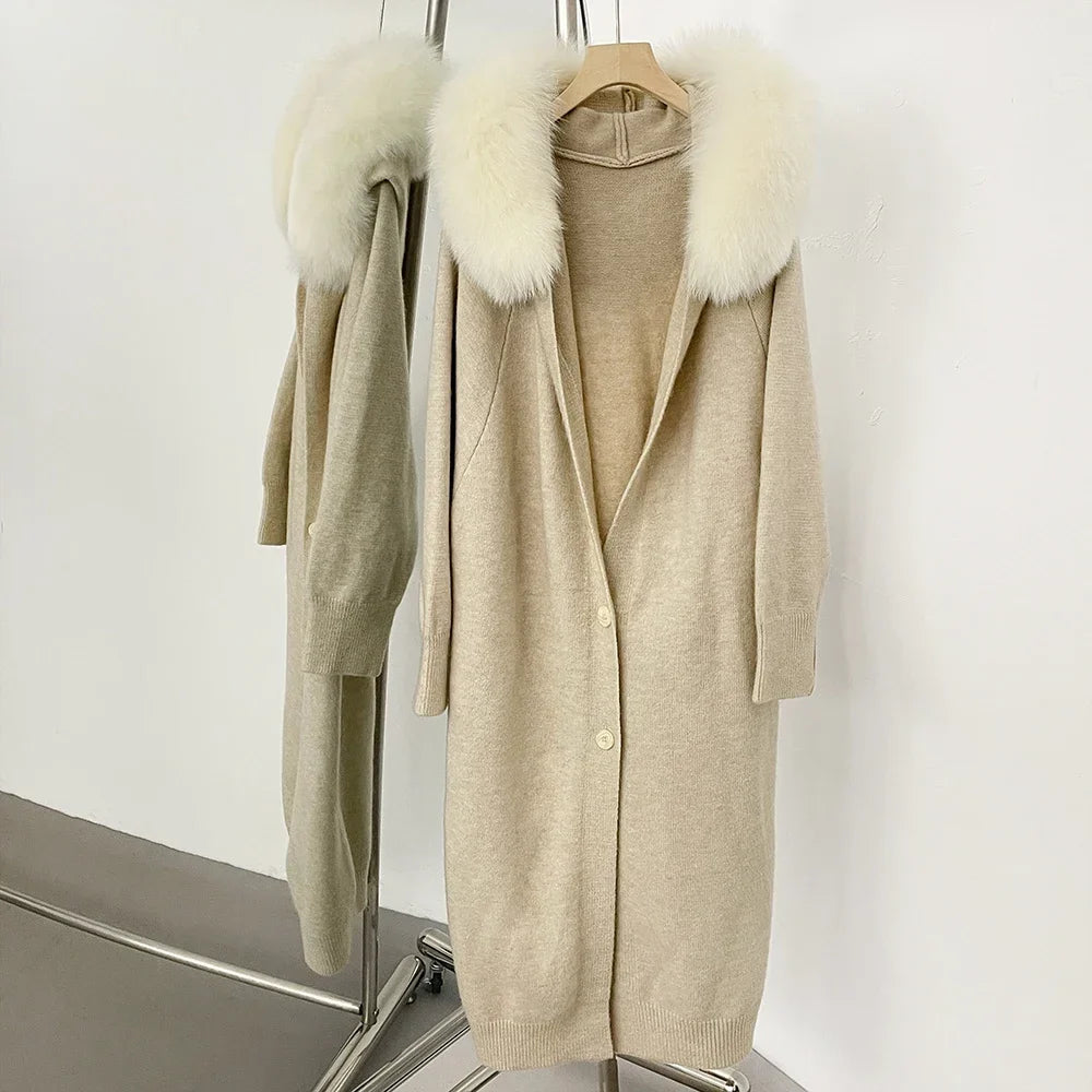 Lange Strickjacke mit flauschigem Kragen, Anthrazit