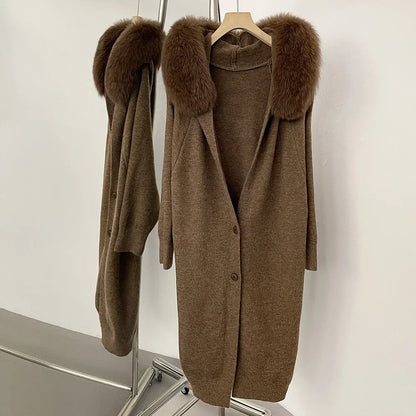 Lange Strickjacke mit flauschigem Kragen, Anthrazit