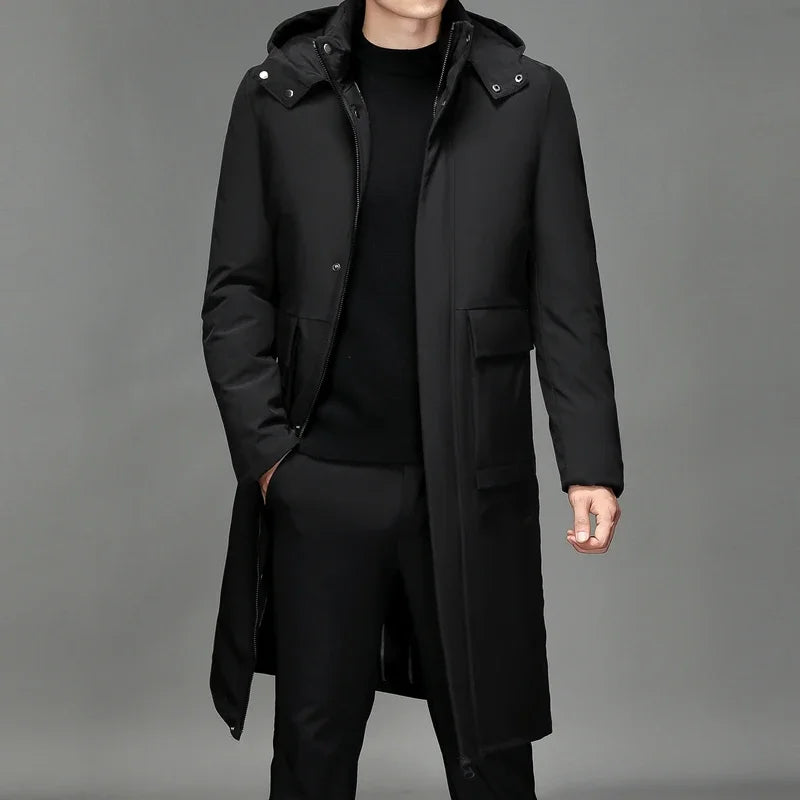 Men's winter parka with hood, long cut, black