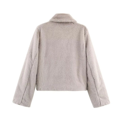 Short women's faux fur jacket with collar, brown faux fur jacket