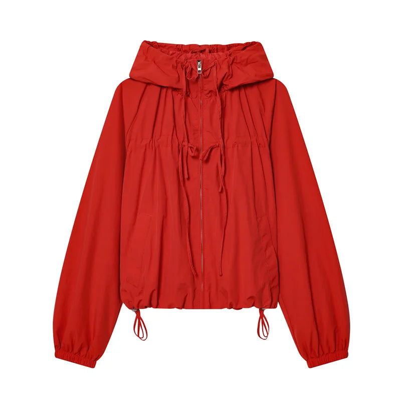 Short women's jacket with hood and drawstring, red