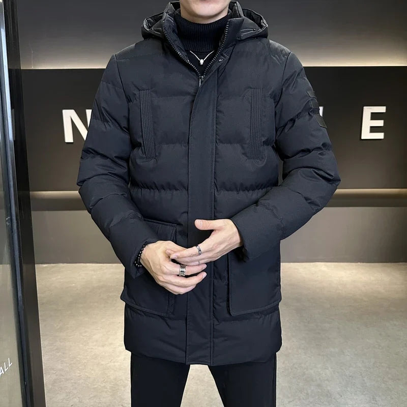 Herren Steppjacke lang mit Kapuze Winter Warm gefüttert - Schwarz, Blau, Oliv