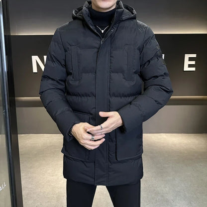 Herren Steppjacke lang mit Kapuze Winter Warm gefüttert - Schwarz, Blau, Oliv
