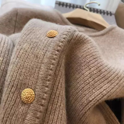 Women's Crew-Neck Long-Sleeved Knit Cardigan with Button Placket