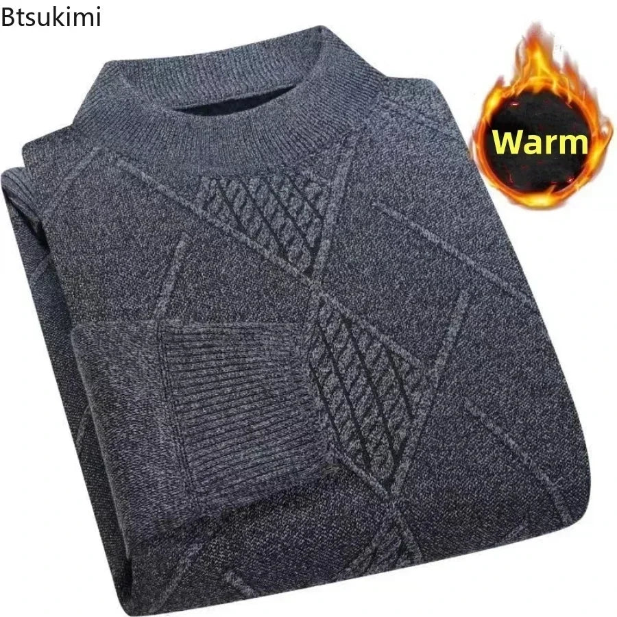 Men's turtleneck knitted sweater with diamond pattern, warm for winter