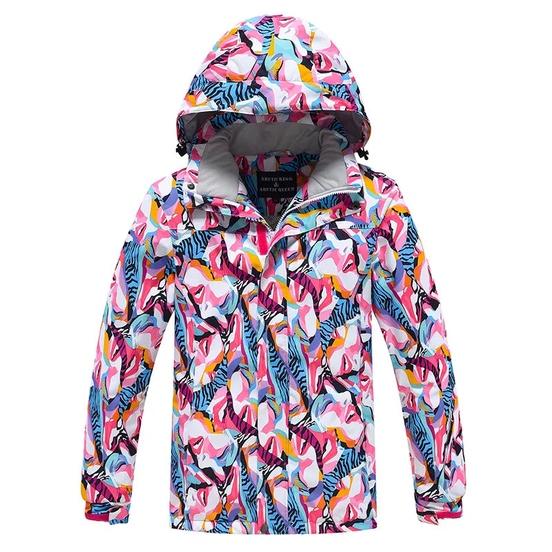 Bunte Outdoor-Jacke mit Kapuze und Muster, wasserabweisend