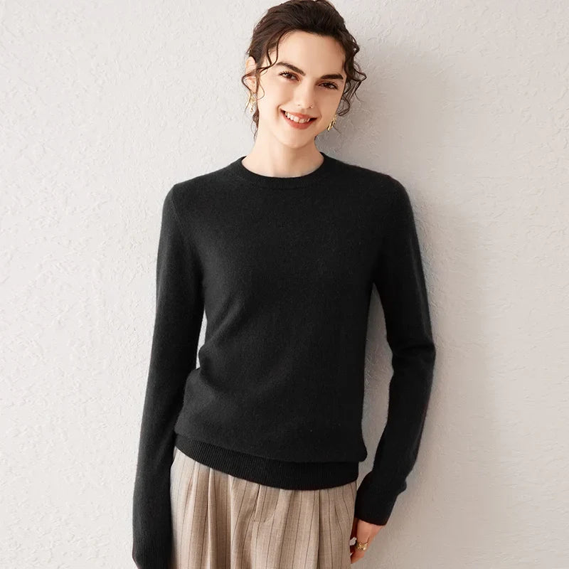 Women's crew-neck long-sleeve basic knitted sweater, cozy pullover