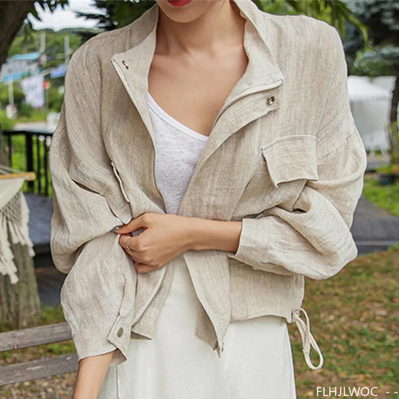 Damen Leichte Jacke Beige Kragen Kurzarm
