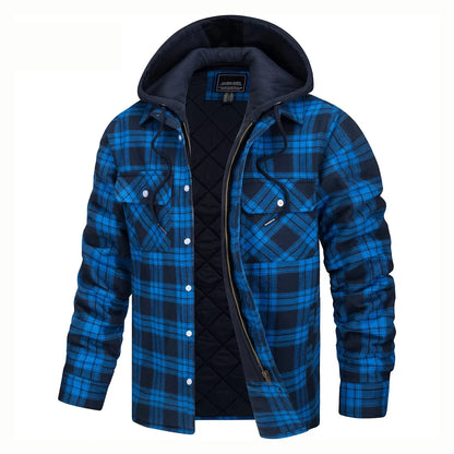 Men's plaid shirt jacket with hood, lined