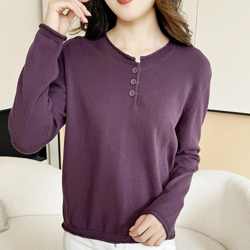 Women's Henley Shirt with Button Placket, Long Sleeves, Crew Neck, Fine Knit, Purple