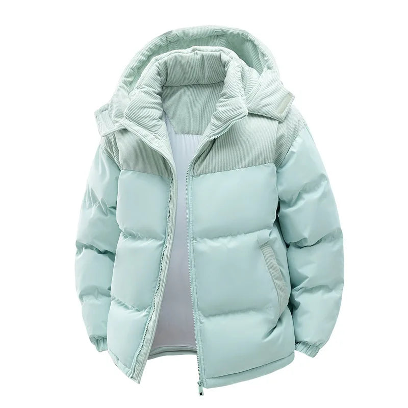 Men's Padded Winter Jacket with Hood, Corduroy Collar and Color-Block Design