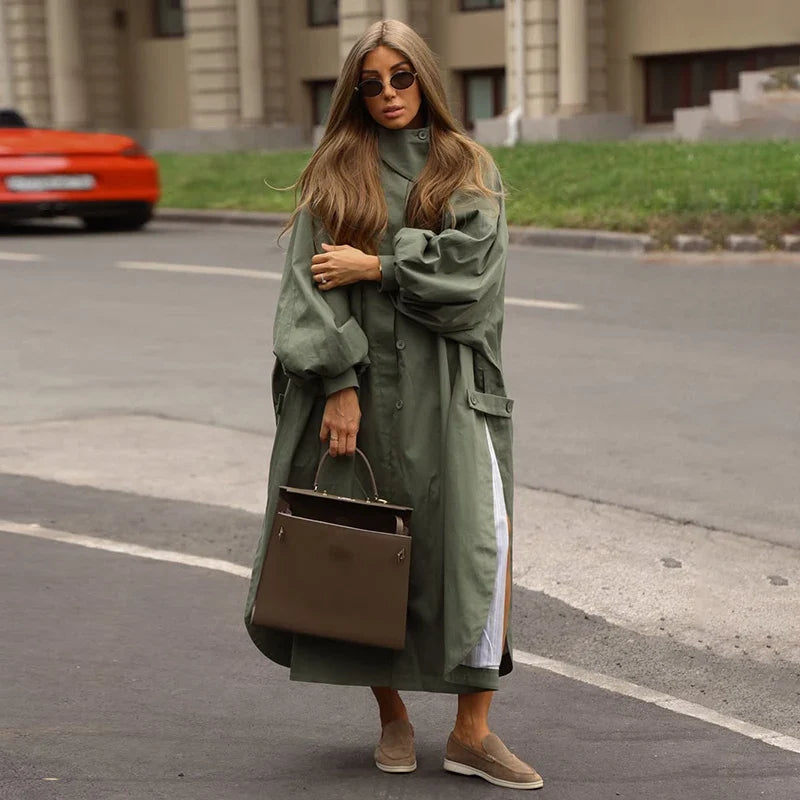 Women's long coat with balloon sleeves - Green, brown, beige - Elegant oversized trench coat