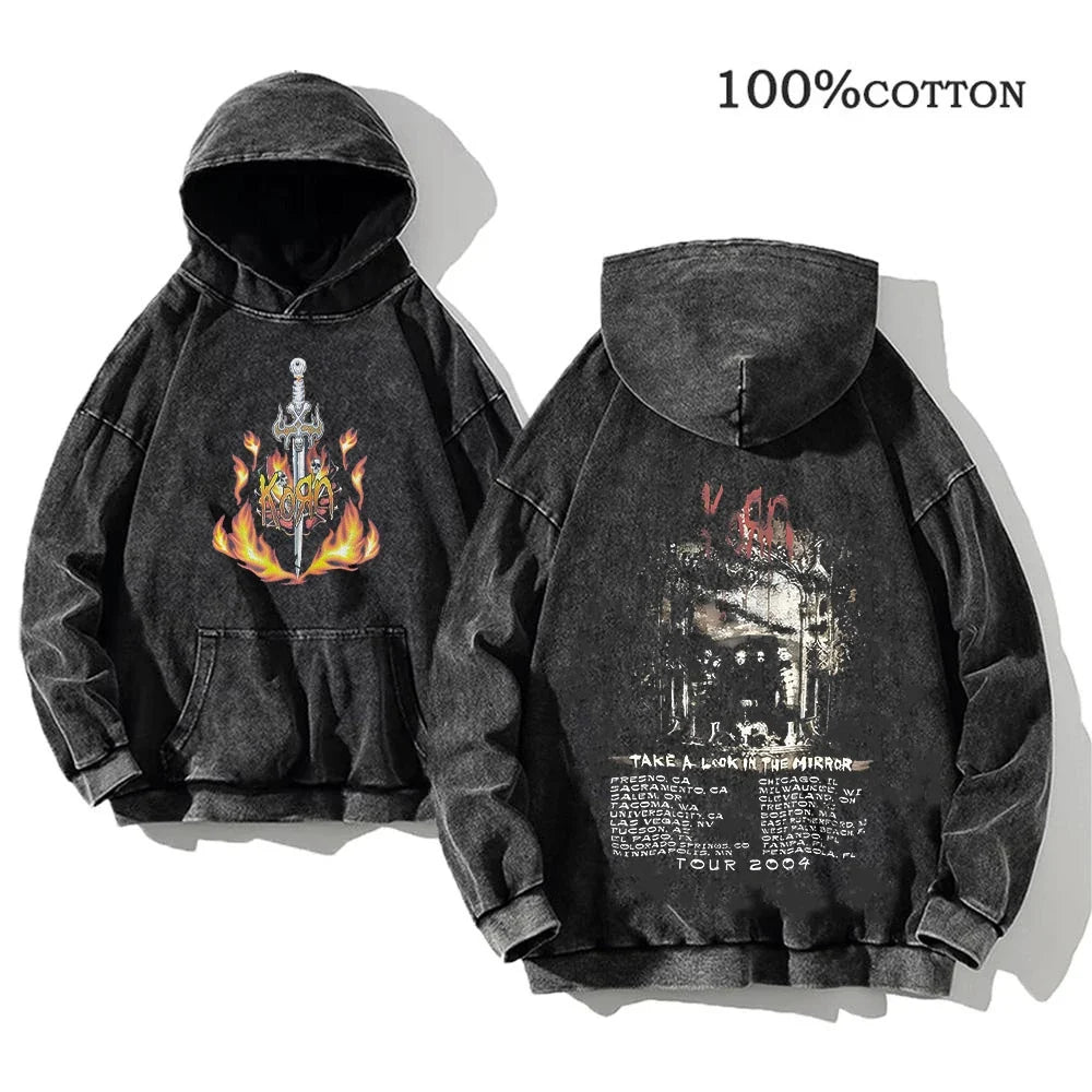 Hoodie Schwarz Grau Washed Oversize mit Band-Print Vorn & Hinten