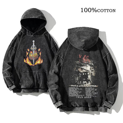 Hoodie Schwarz Grau Washed Oversize mit Band-Print Vorn & Hinten
