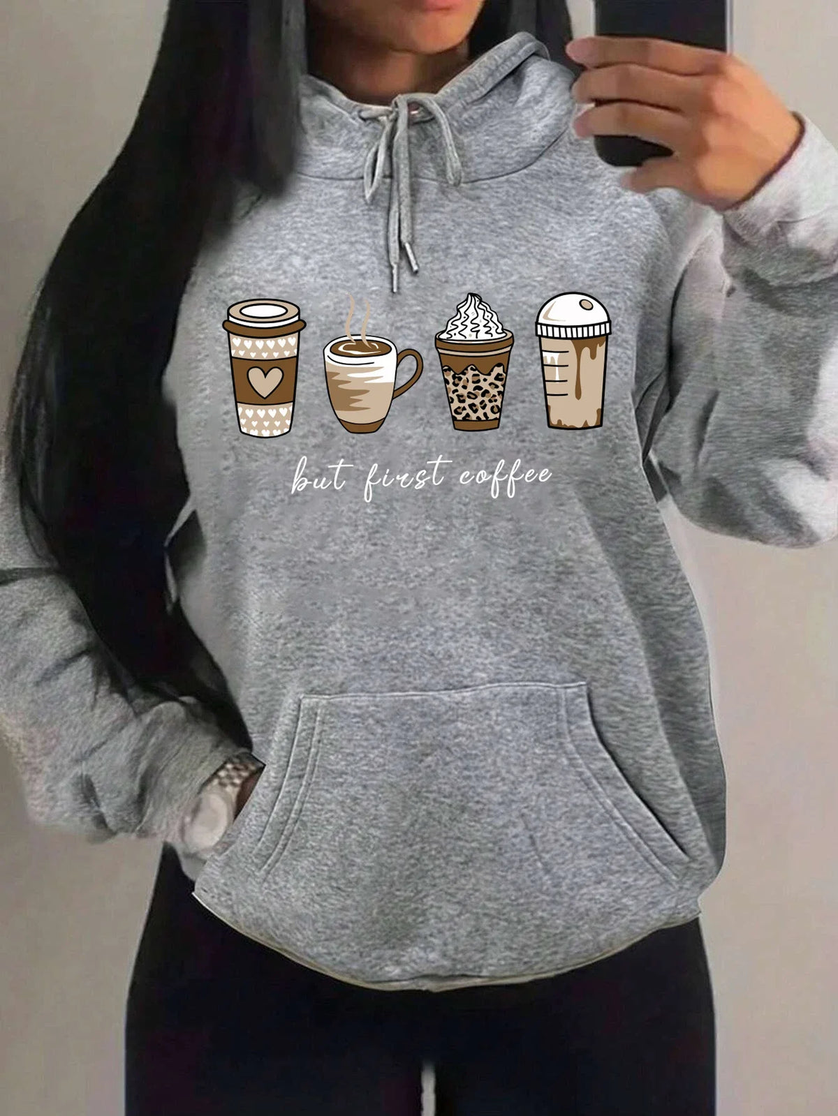 Women's hoodie with coffee cup print, hood, and kangaroo pocket
