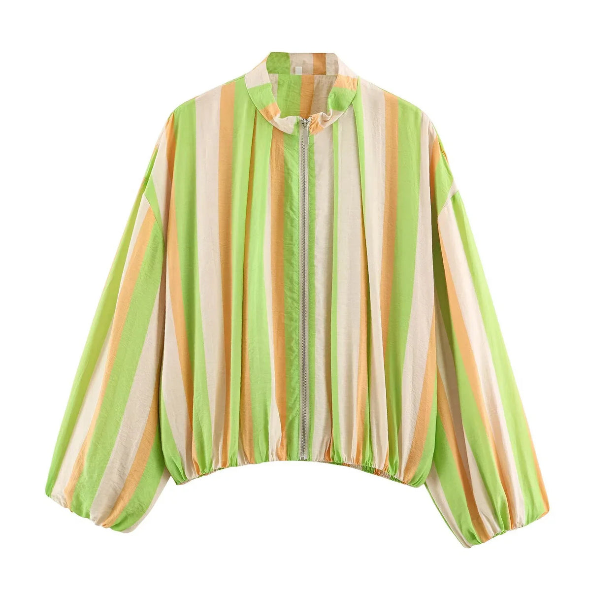 Damen Bluse Jacke Stehkragen Reißverschluss Bauschärmel Gestreift