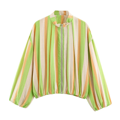 Damen Bluse Jacke Stehkragen Reißverschluss Bauschärmel Gestreift