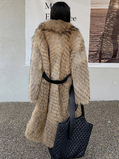 Long women's faux-fur coat with chevron pattern, warm winter coat