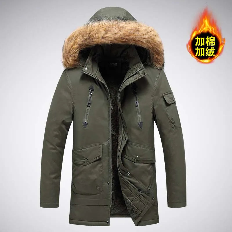 Men's parka winter jacket with fur hood and pockets, khaki