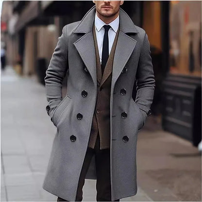 Herren Mantel Zweireiher Langer Trenchcoat Eleganter Wintermantel