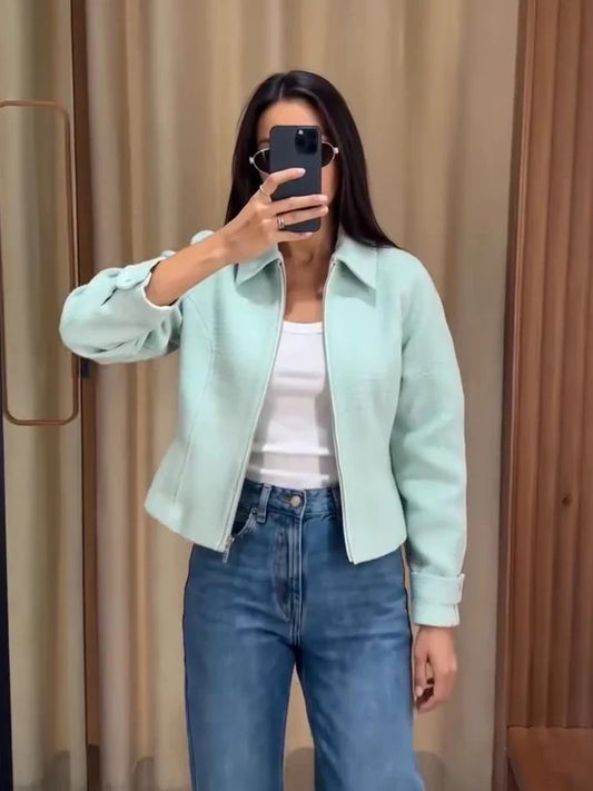 Kurze Damen Jacke mit Reißverschluss & Kragen - Mintgrün