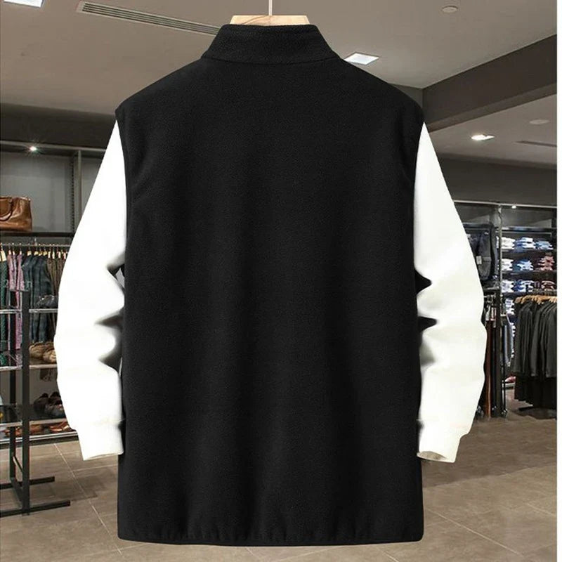 Men's fleece vest with stand-up collar, zipper, and pocket