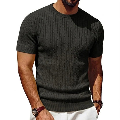 Men's short-sleeve knit pullover cable-knit pattern crew neck