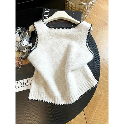 Strick-Tanktop mit Zierschleife und Häkelrand, quadratischer Ausschnitt