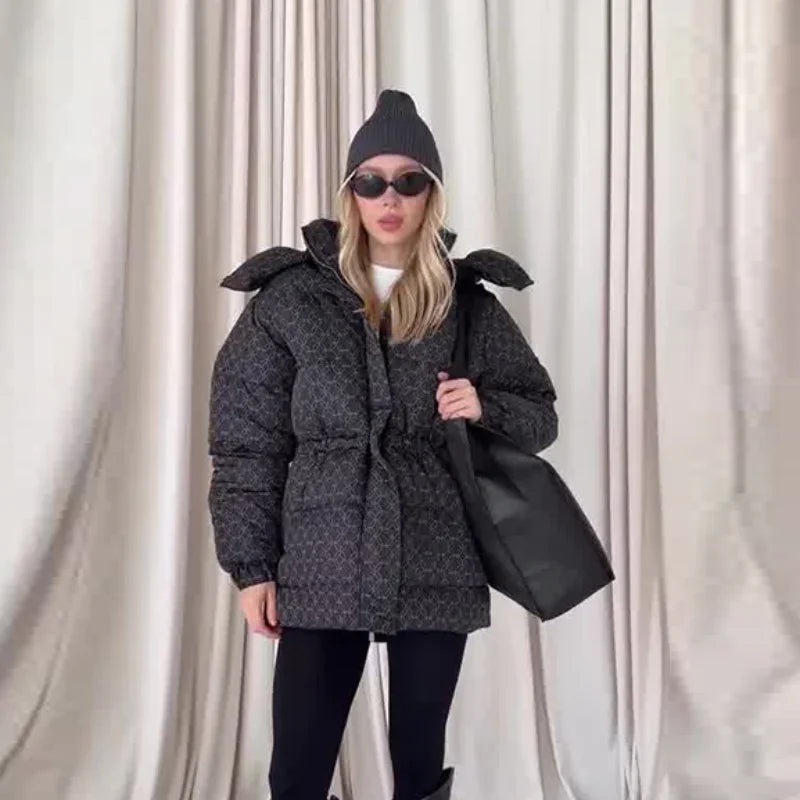 Women's down jacket, winter jacket, puffer jacket with hood, stand-up collar, and adjustable waist
