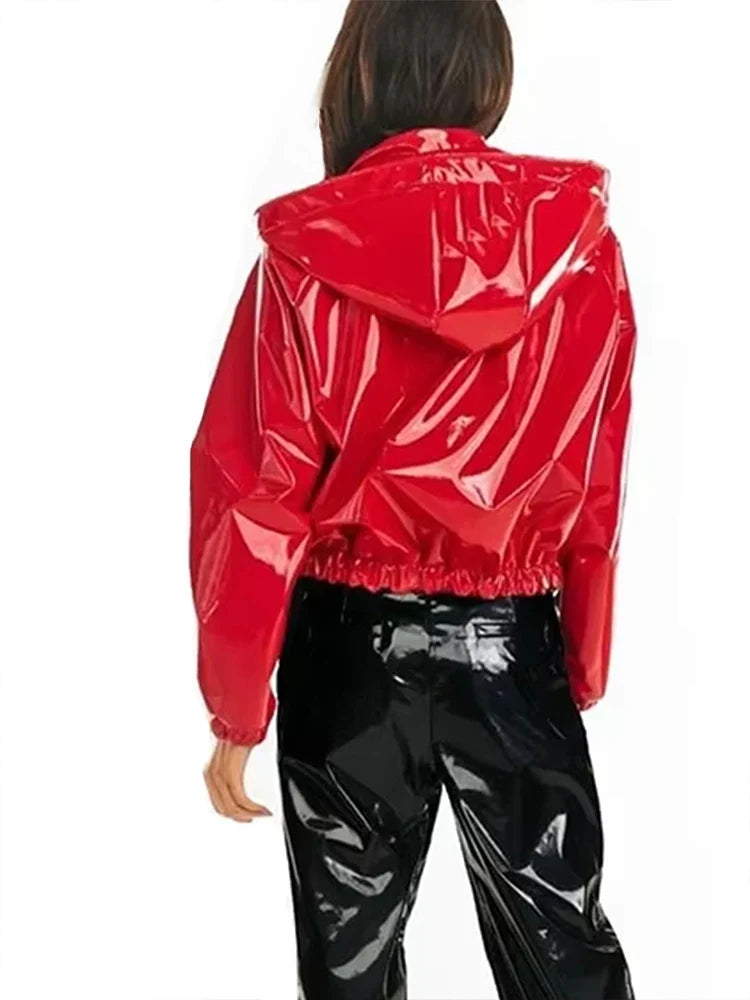 Kurze Damen Lackjacke mit Kapuze, Schwarz