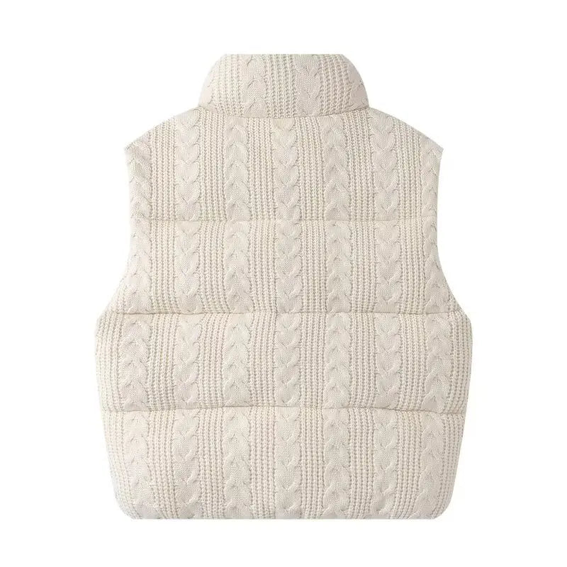 Quilted Knitted Vest for Women with Stand-Up Collar and Zipper