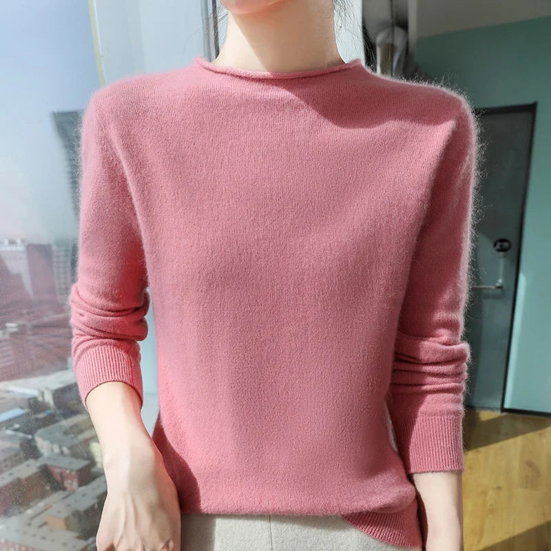 Women's Fuzzy Pink Crew-Neck Long-Sleeve Sweater