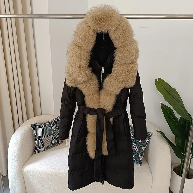 Damen Daunenmantel mit Pelzkapuze und Bindegürtel, gepolstert, lange Winterjacke