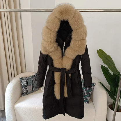 Damen Daunenmantel mit Pelzkapuze und Bindegürtel, gepolstert, lange Winterjacke