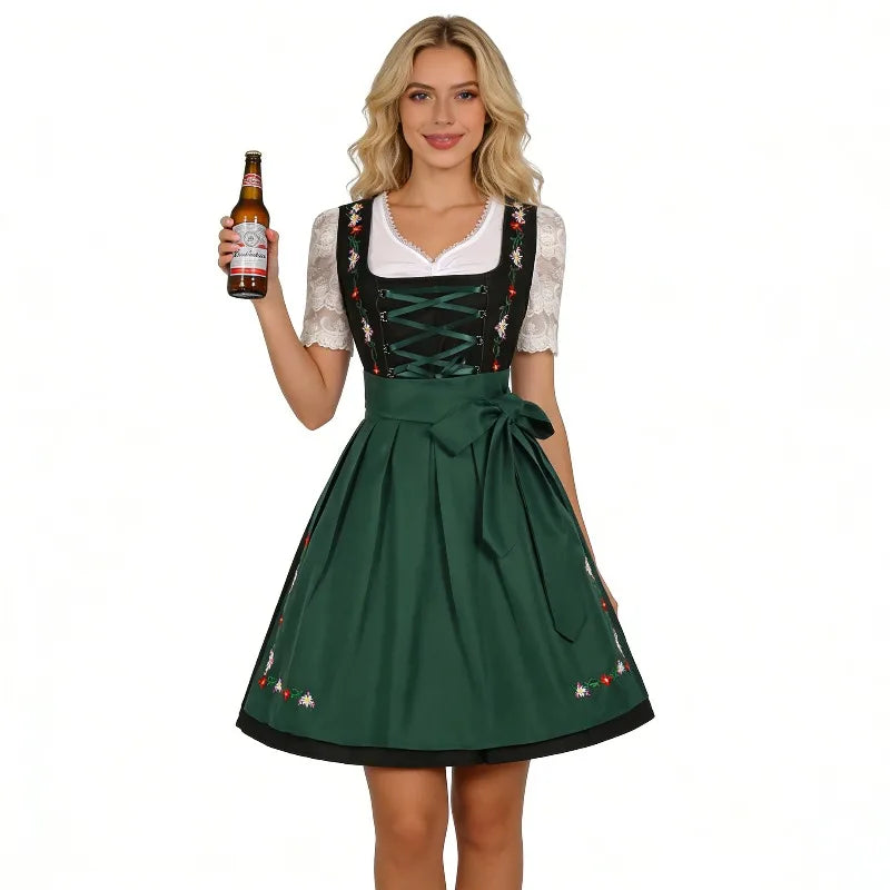 Dirndl Damen Traditionelles 3-teiliges Set Grün Schwarz Weiß mit Blumenstickerei