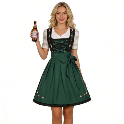 Dirndl Damen Traditionelles 3-teiliges Set Grün Schwarz Weiß mit Blumenstickerei