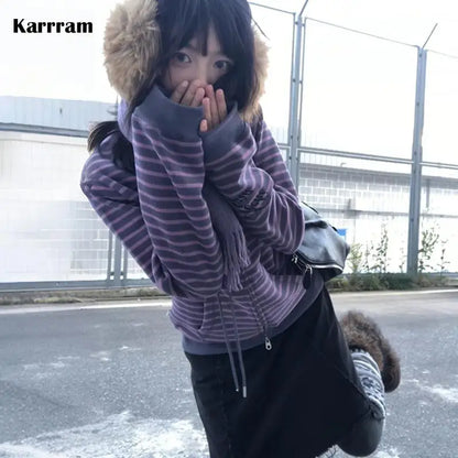 Women's striped zip-up hoodie with long sleeves and hood, lilac-gray mélange