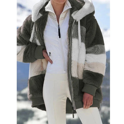 Damen Teddyfell Jacke mit Kapuze und Reißverschluss, mehrfarbig