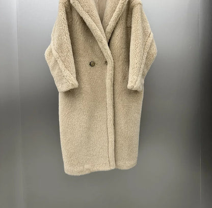 Women's long teddy coat with hood & teddy brooch