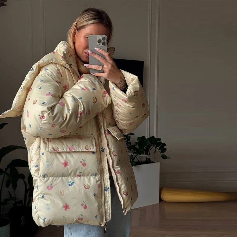 Damen Steppjacke mit Muster, Kapuze & Fäustlingen, locker geschnitten
